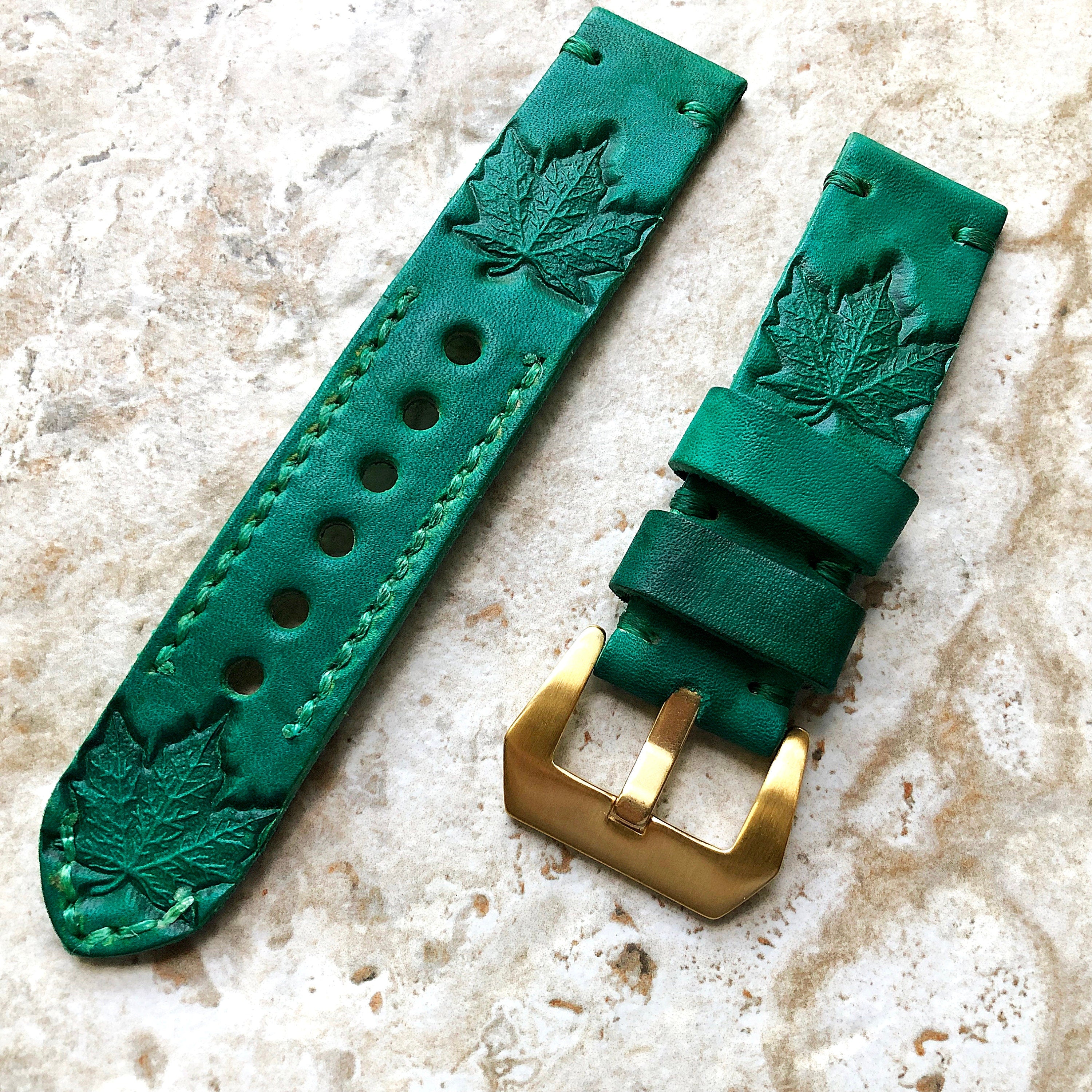 Maple Leaf Band 22mm 24mm 25mm Tooled Embossed Genuine Leather Compatible with Apple Watch Fitbit Versa 2 3 4 Sense 2 Ionic Handmade Strap